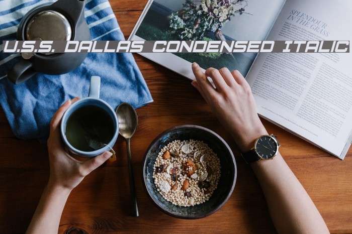 U.S.S. Dallas Condensed Italic Font examples