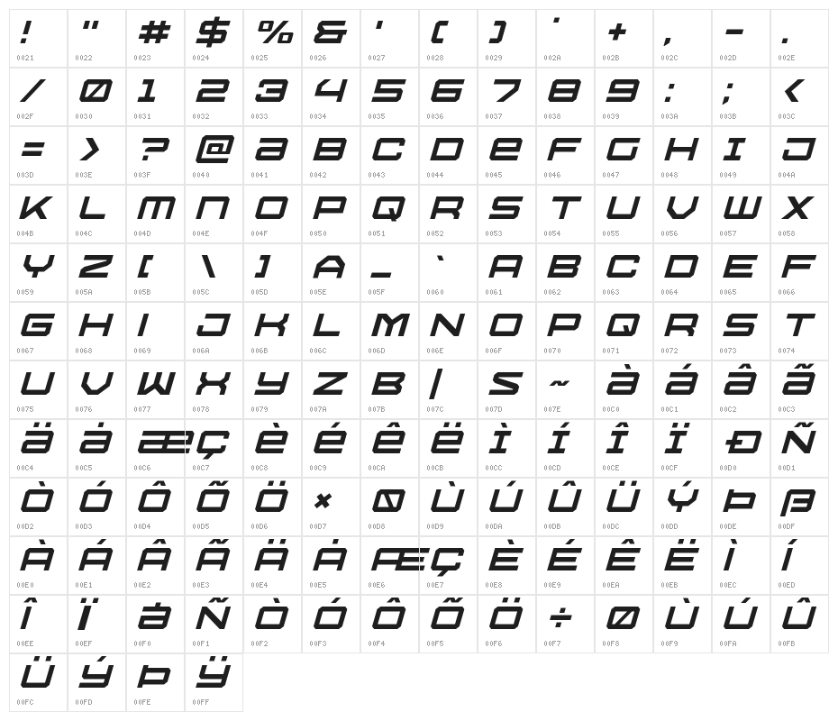 U.S.S. Dallas Light Italic Character Map