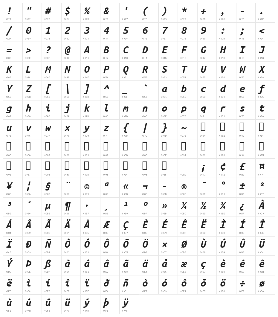 Ubuntu Monospaced Bold Italic Character Map
