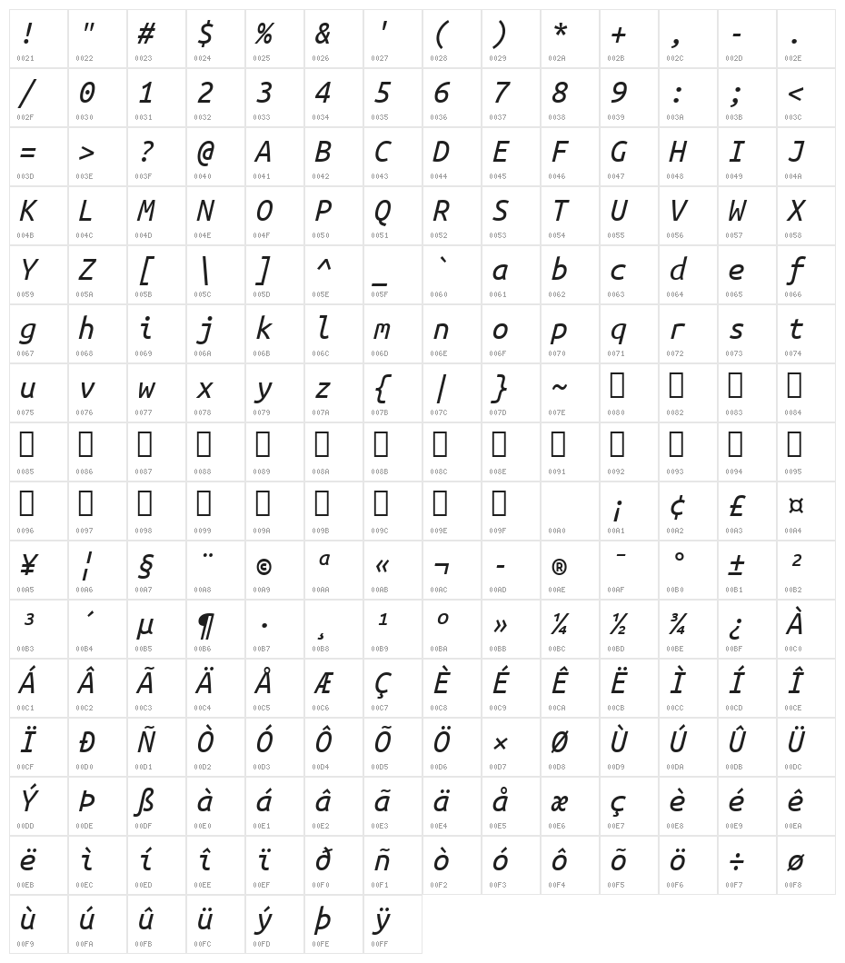 Ubuntu Monospaced Italic Character Map
