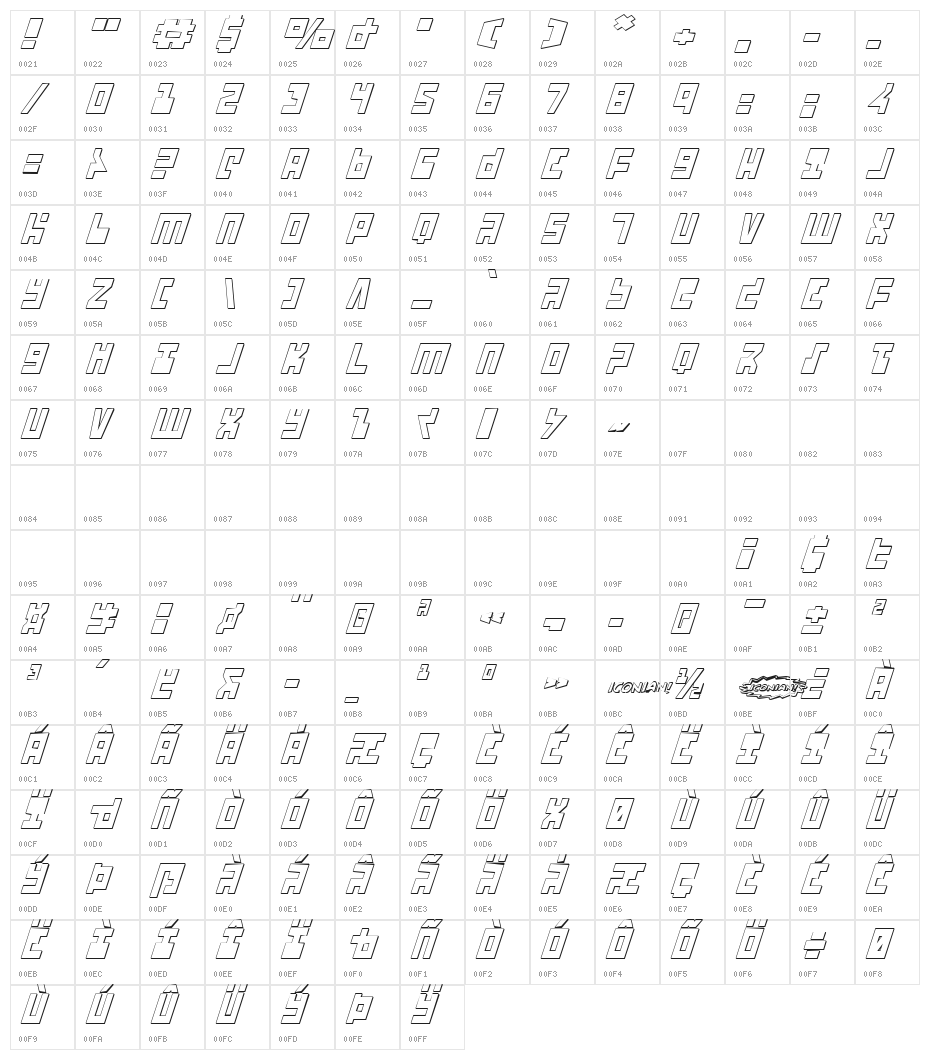 UFO Hunter 3D Italic Character Map