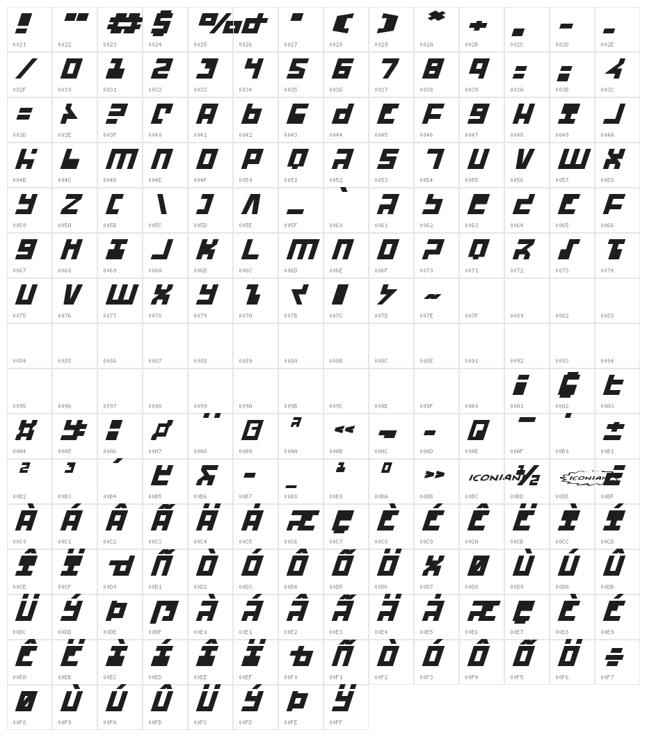 UFO Hunter Expanded Italic Character Map
