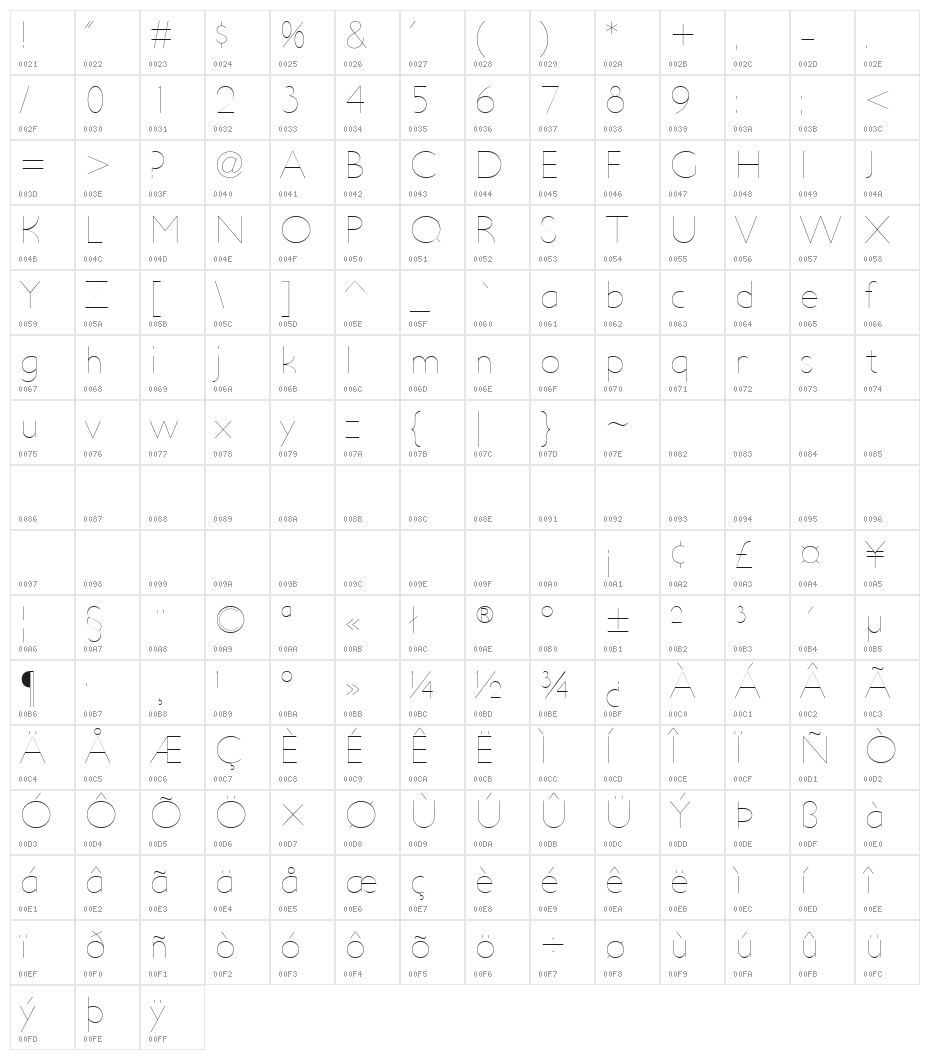 UltimaPDaa-Hairline Character Map