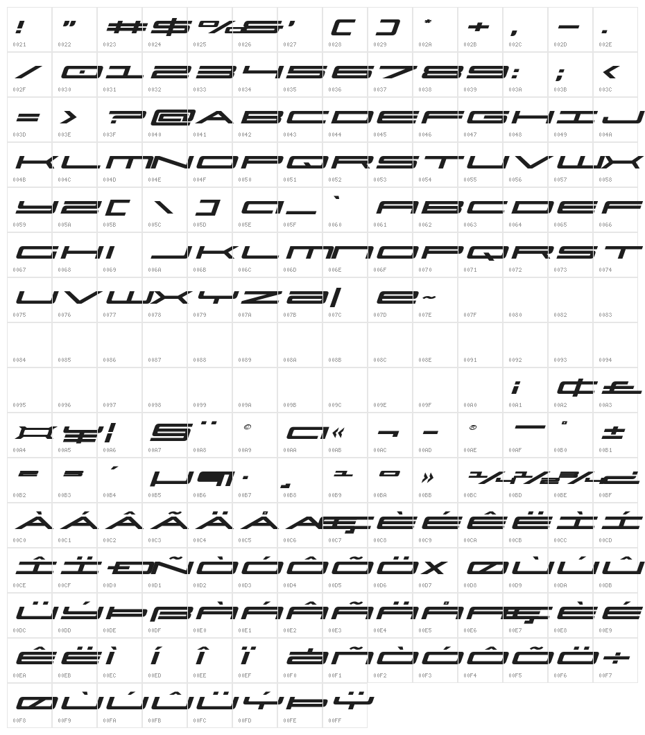 Ultra 911 Expanded Italic Character Map