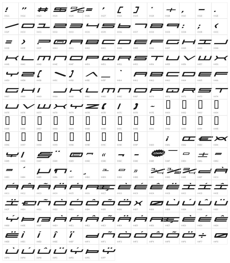 Ultra 911 Italic Character Map