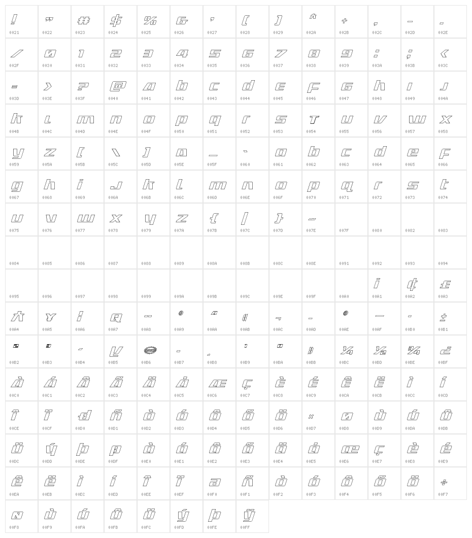 Ultramarines Outline Italic Character Map