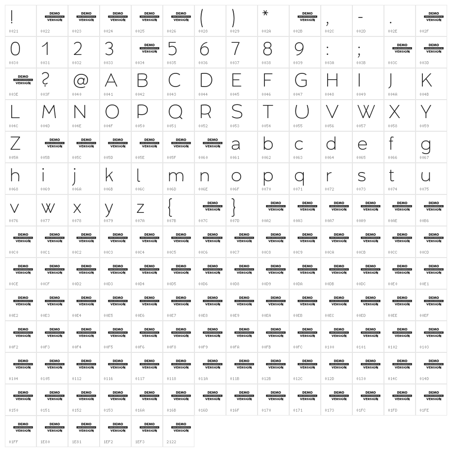 Umba Sans Thin Demo Character Map