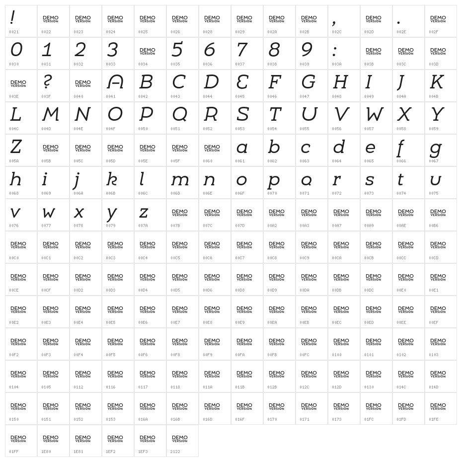 Umba Slab Demo Alt Italic Character Map