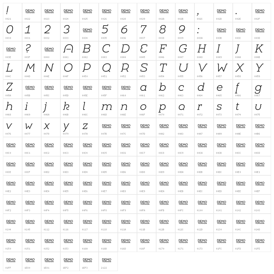 Umba Slab Demo Alt Light Italic Character Map