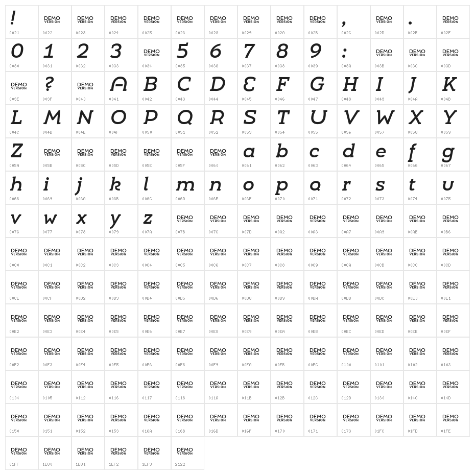 Umba Slab Demo Alt Medium Italic Character Map