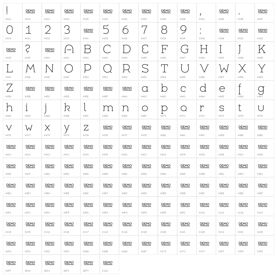 Umba Slab Demo Alt Thin Character Map