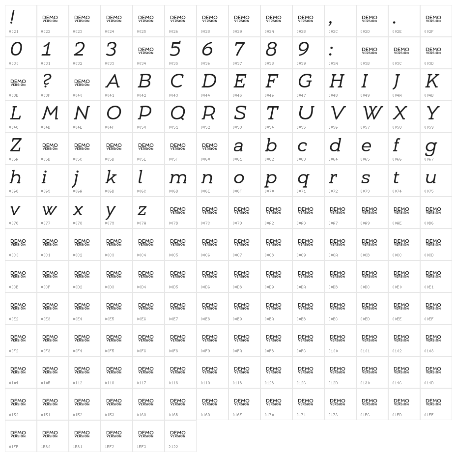 Umba Slab Demo Italic Character Map