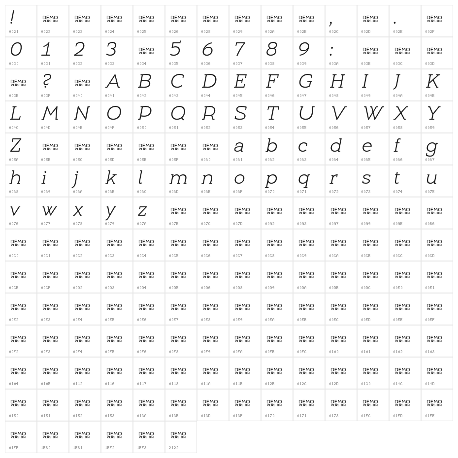 Umba Slab Demo Light Italic Character Map