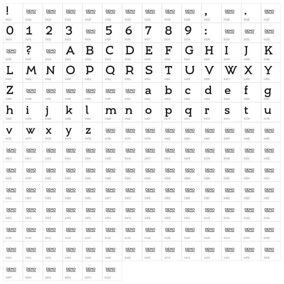 Umba Slab Demo Medium Character Map