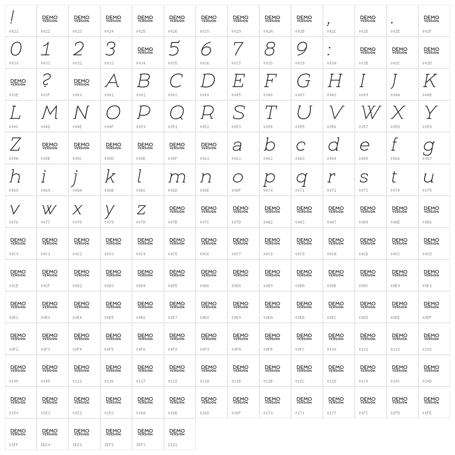 Umba Slab Demo Thin Italic Character Map