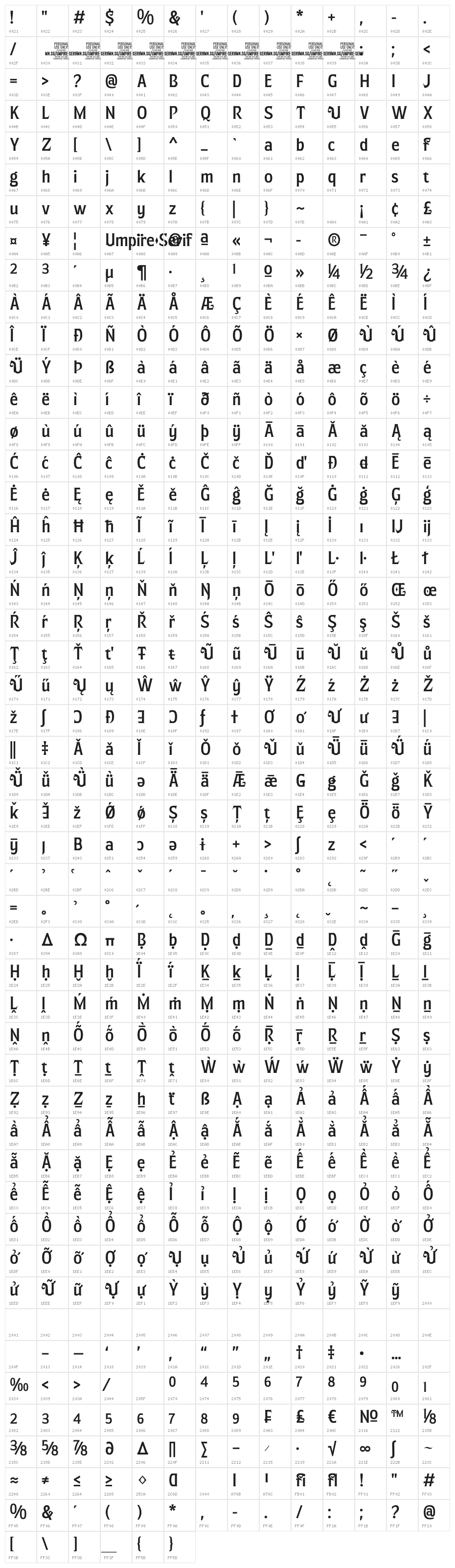 Umpire Serif Alt PERSONAL USE Regular Character Map