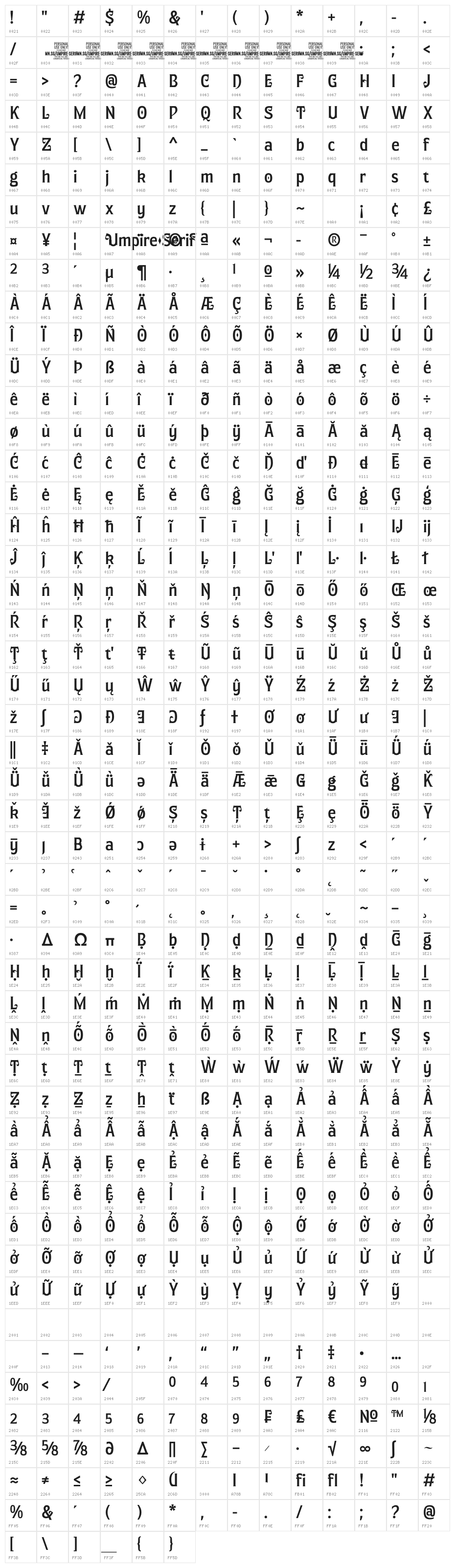 Umpire Serif PERSONAL USE Regular Character Map