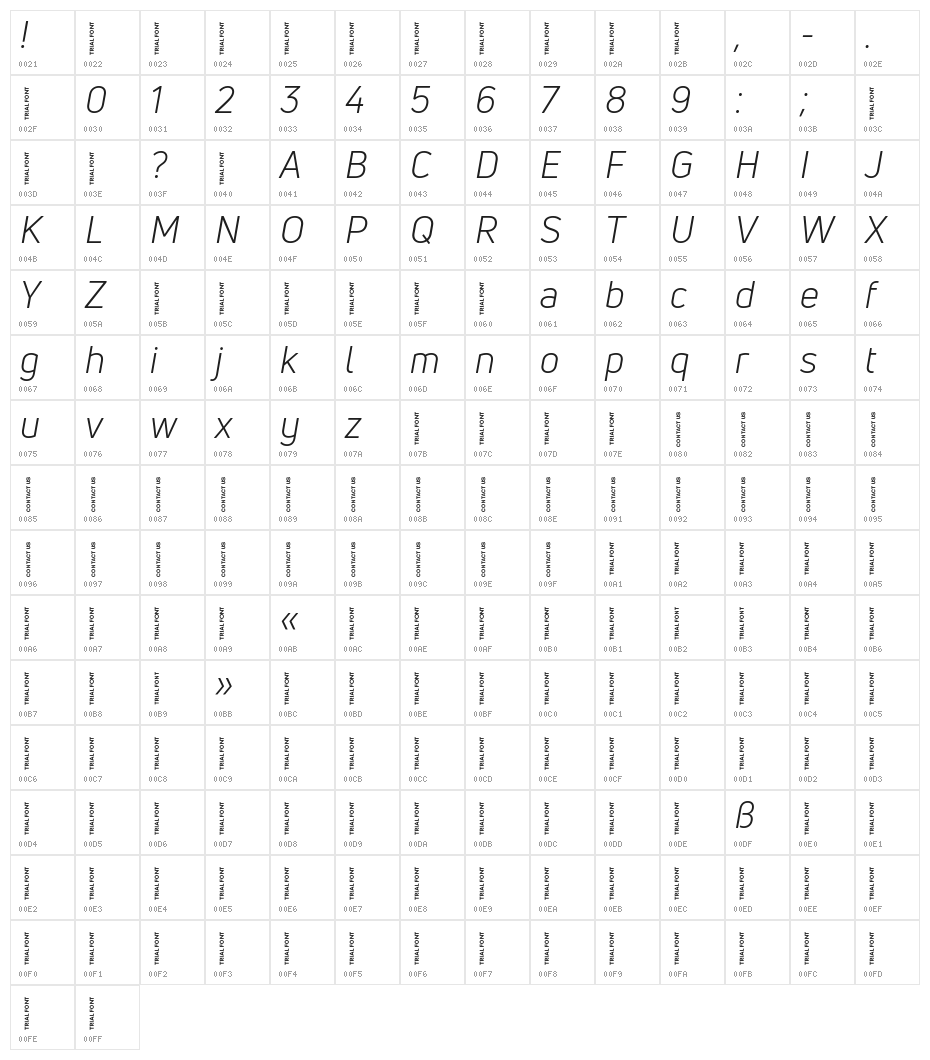 Uni Neue-Trial Book Italic Character Map