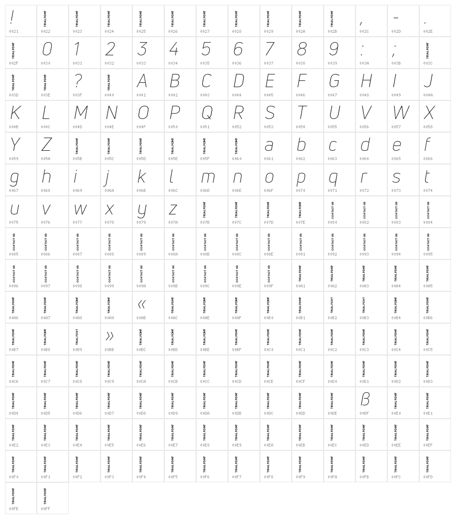 Uni Neue-Trial Light Italic Character Map