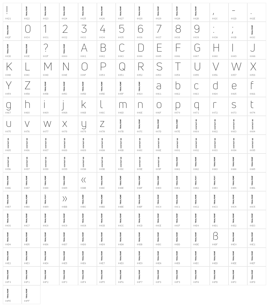 Uni Neue-Trial Light Character Map