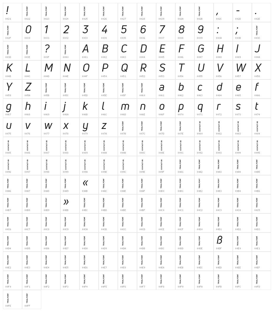 Uni Neue-Trial Regular Italic Character Map