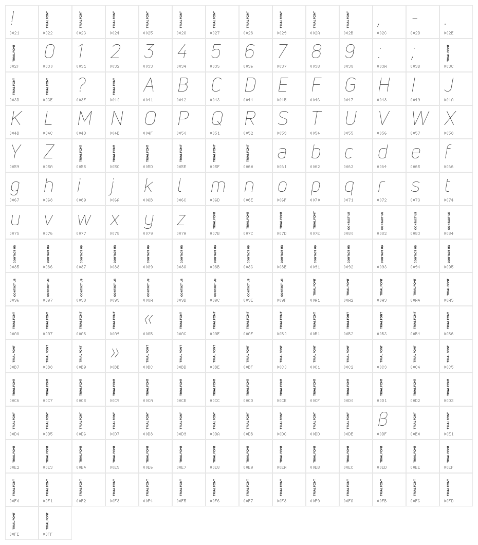 Uni Neue-Trial Thin Italic Character Map