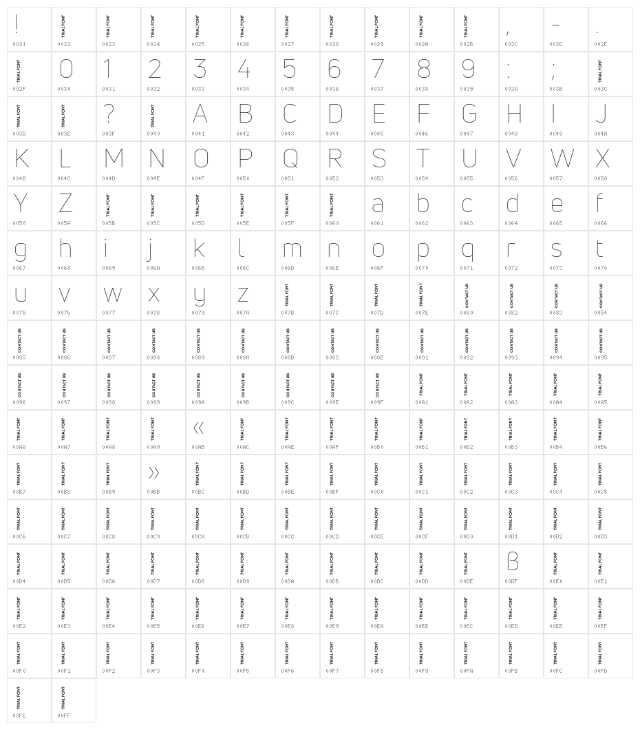 Uni Neue-Trial Thin Character Map