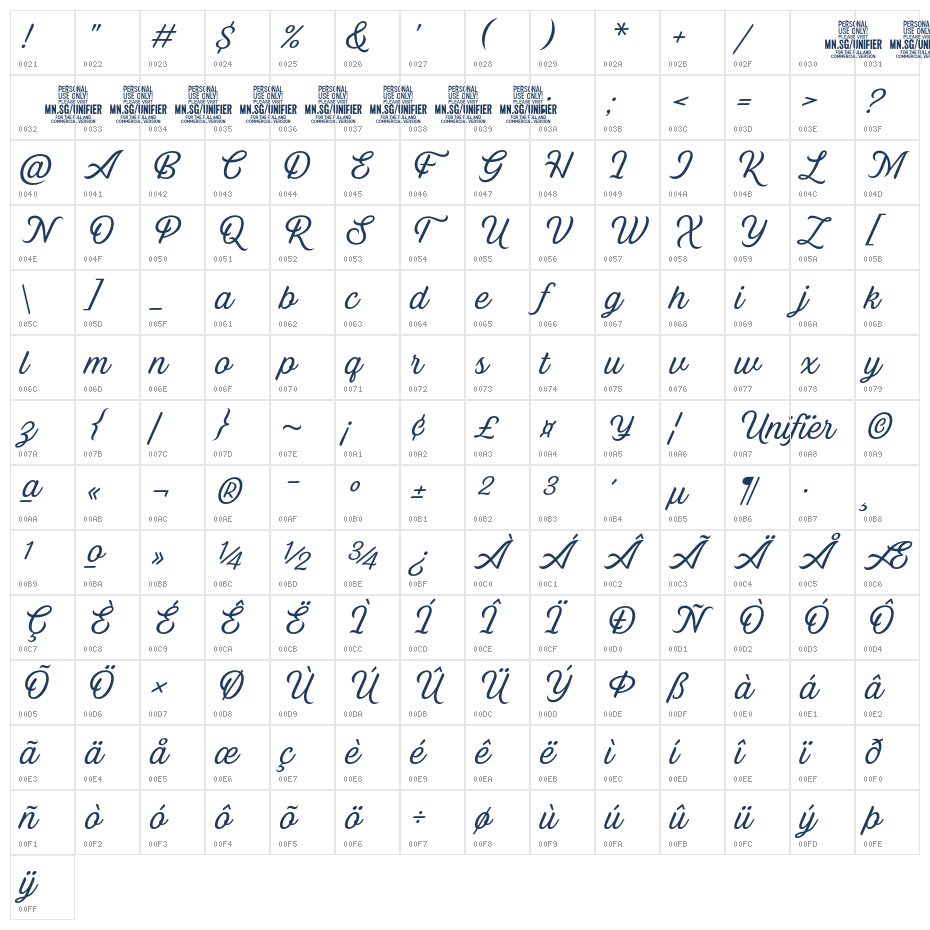 Unifier Script PERSONAL USE Regular Character Map