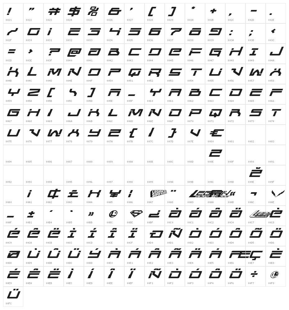 United Planets Expanded Italic Character Map