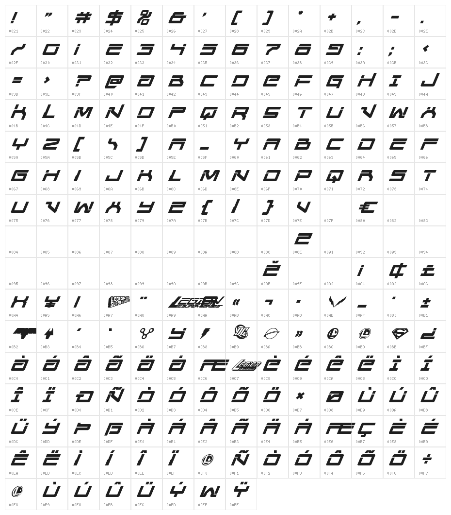 United Planets Semi-Bold Italic Character Map