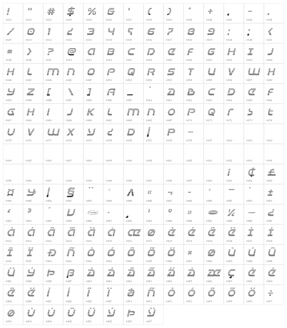 Universal Jack Gradient Italic Character Map