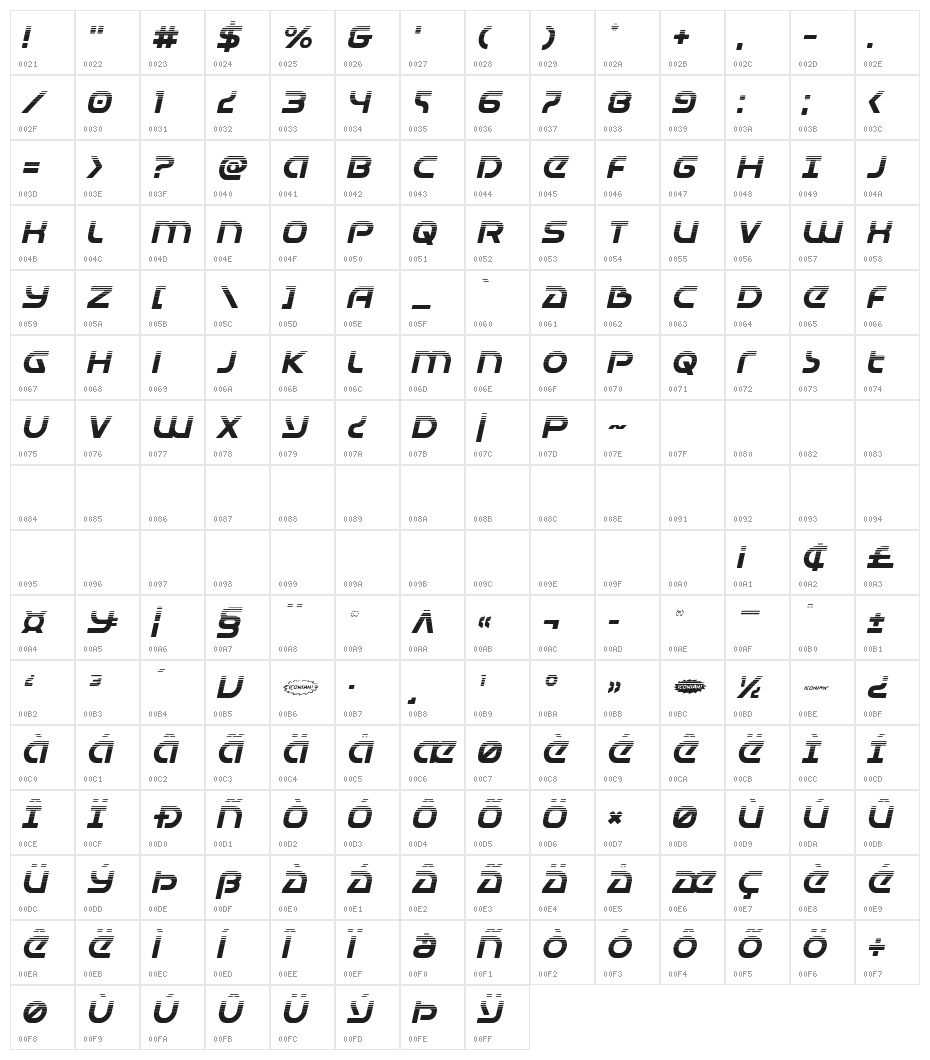 Universal Jack Halftone Italic Character Map