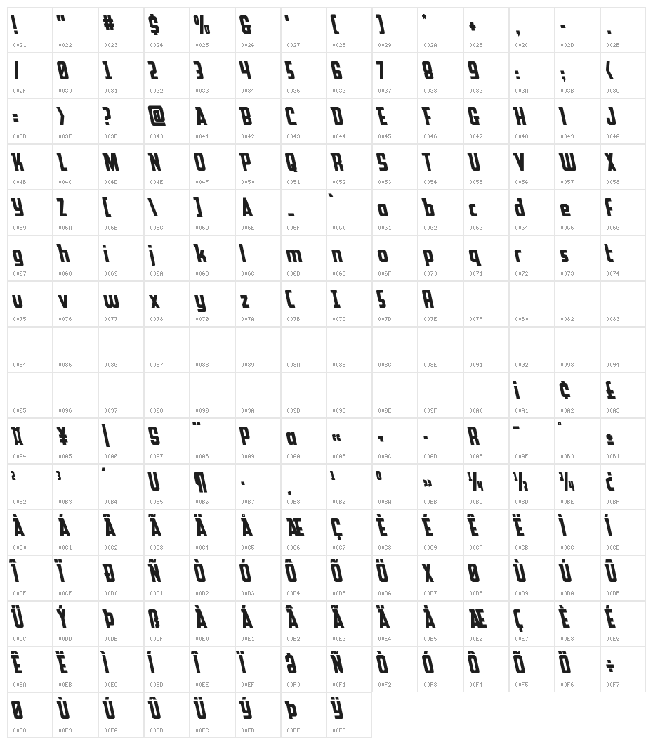 Upper Punch Leftalic Character Map