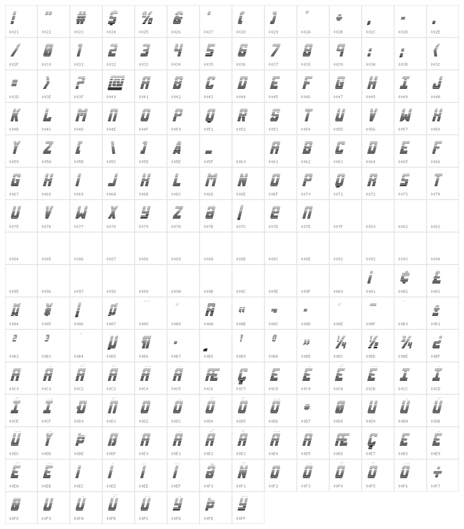 Urban Defender Gradient Italic Character Map