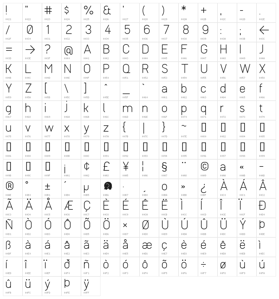 UVFLHLine1SansThin Character Map