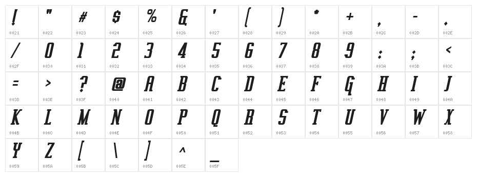 Vahika Bold Italic Character Map