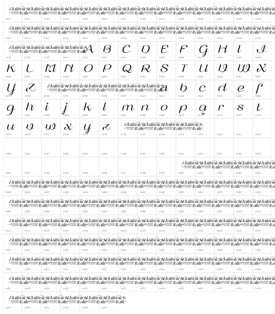 Vailsnick Italic Demo Character Map