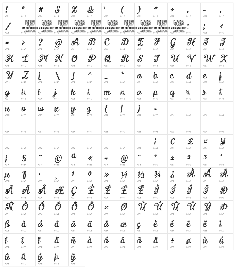 ValidityScriptBoldPERSONALUSE-I Character Map