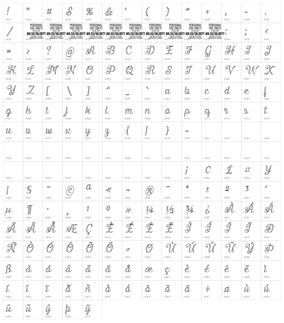 ValidityScriptPERSONALUSE-Itali Character Map