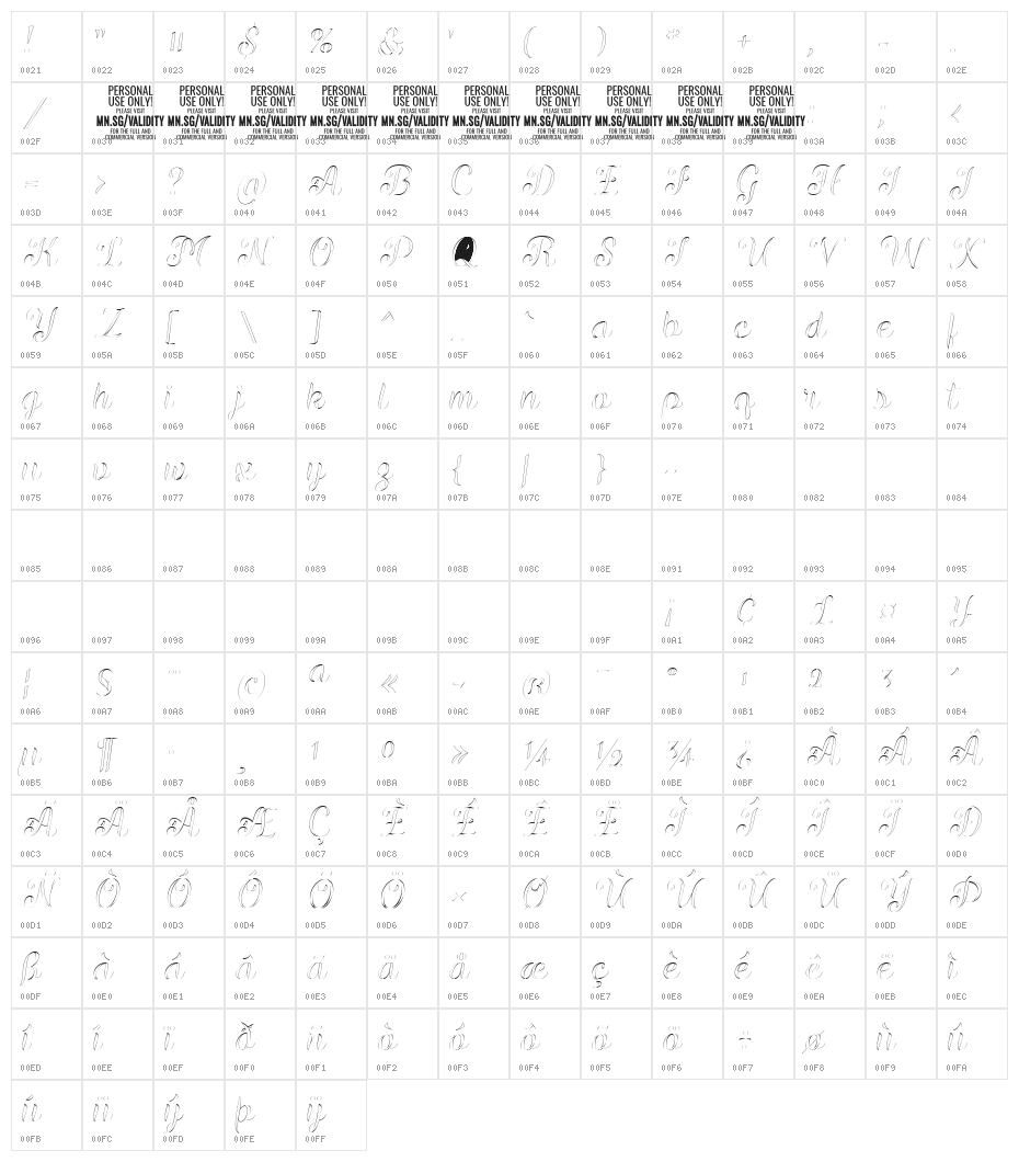 ValidityScriptThinPERSONALUSE-I Character Map