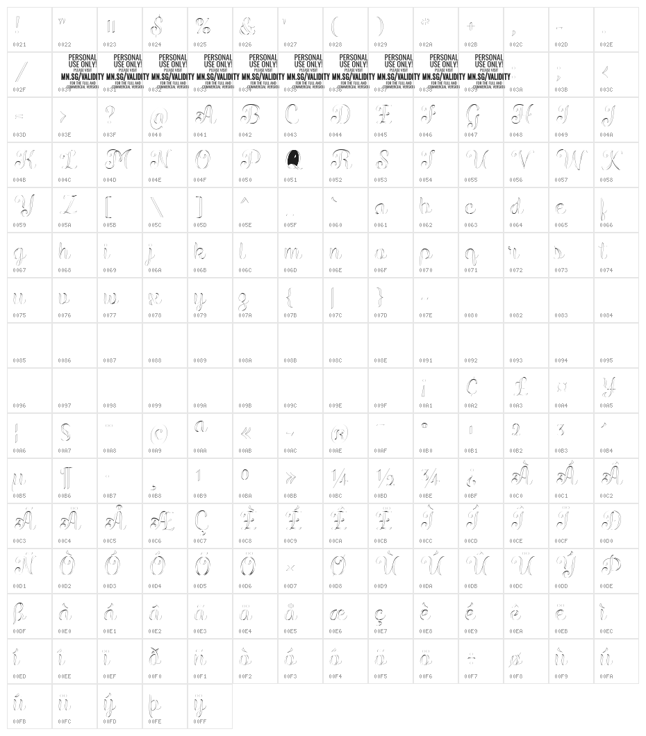 ValidityScriptThinPERSONALUSE Character Map