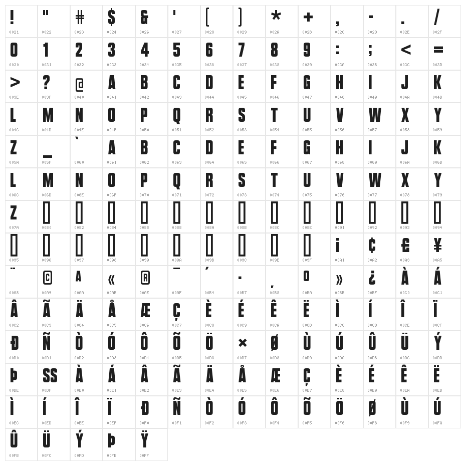 VanchromeFront-Regular Character Map