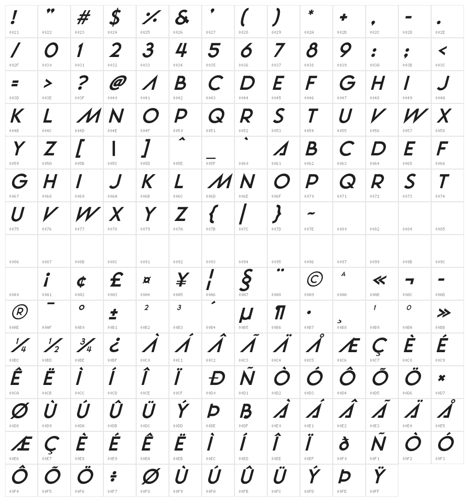 Vanilla Wave Italic Character Map