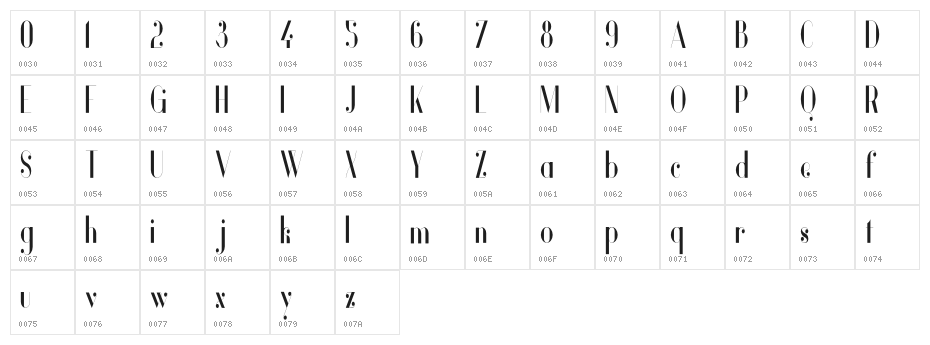 Vanity-BoldNarrow Character Map