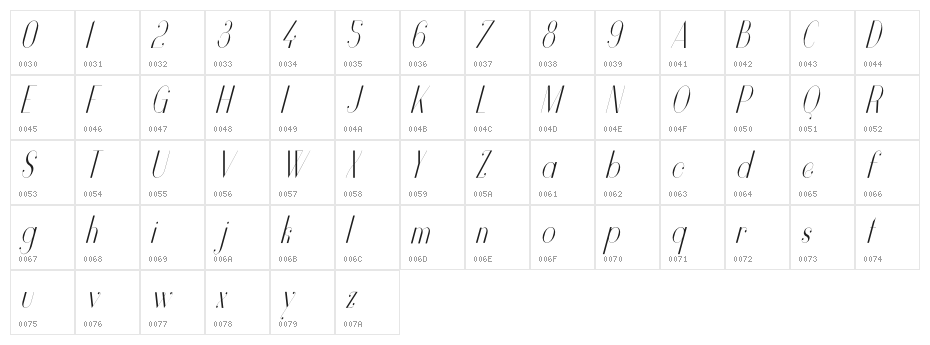 Vanity-LightNarrowItalic Character Map