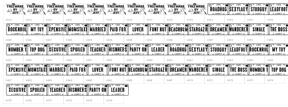 Vanity Plates JL Character Map