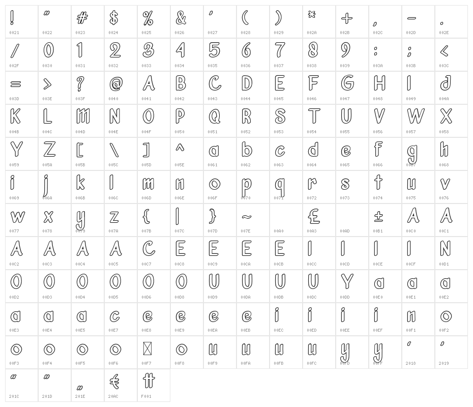 VanjarFreeOutline Character Map