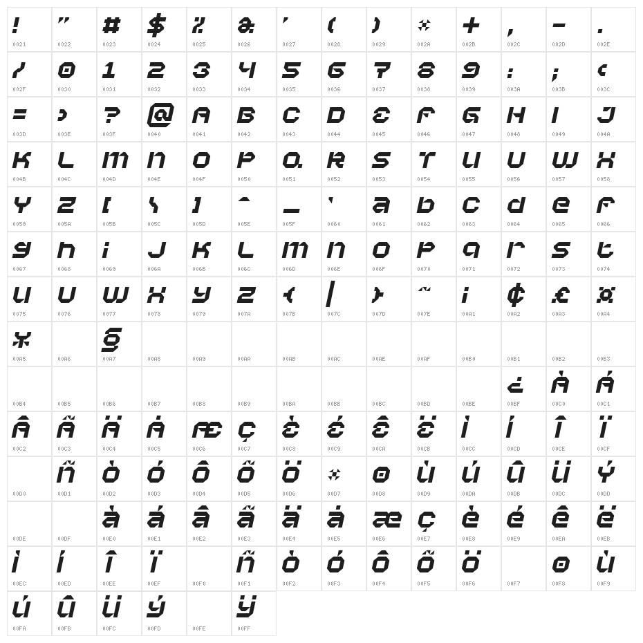Vaporbyte Italic Character Map