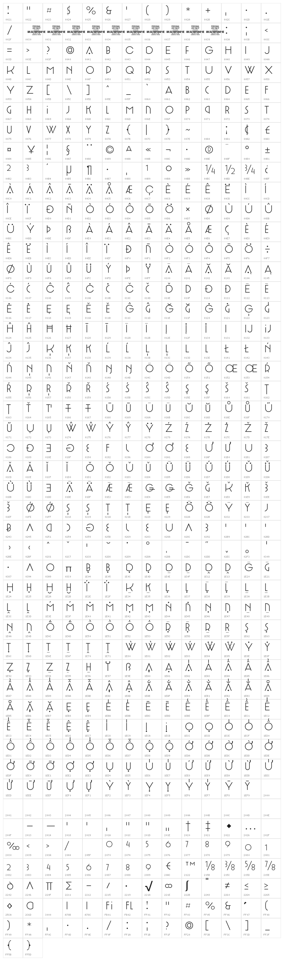 Varygraphie PERSONAL USE ONLY Thin Character Map
