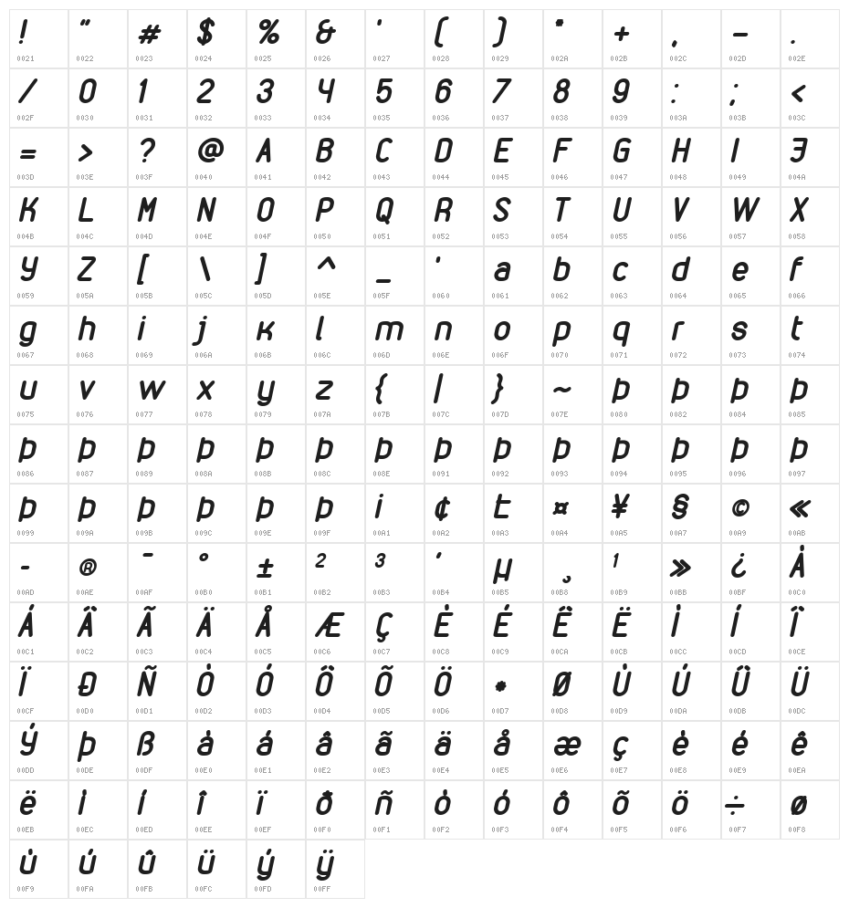 VDS Bold Italic Character Map